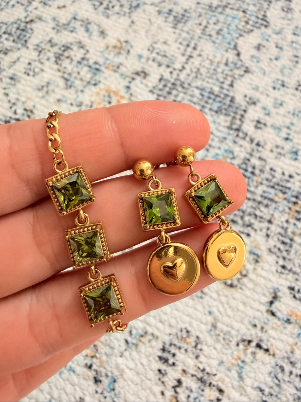 Gold-Tone Green Crystal Drop Heart Earrings and Bracelet SET - Picture 8 of 8